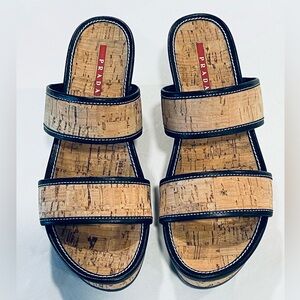 PRADA | Cork Wedge Sandals | Black | Size 37